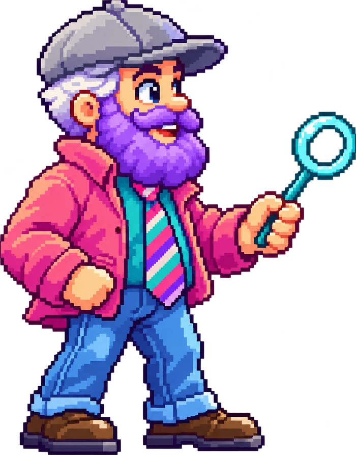 Garry in a pink jacket, flat cap and striped tie, with a big purple beard