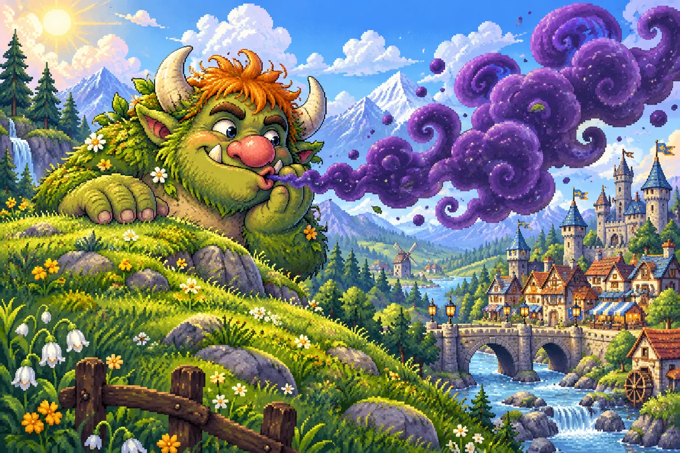 A shaggy green troll peeking over a hill, blowing a dark purple cloud toward the town