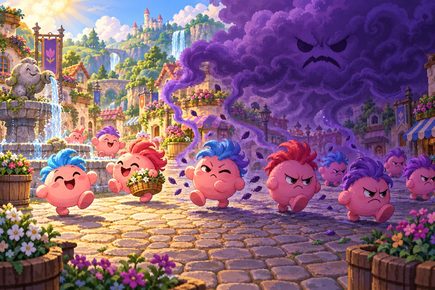 A purple cloud sweeping through a cobbled town, turning happy Glibs into cross little Grumbles